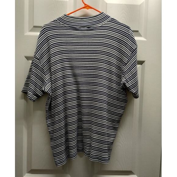 Vintage Talbots Size Large Navy Blue White Stripe Sweater-Texture Cotton T-Shirt - Picture 3 of 4